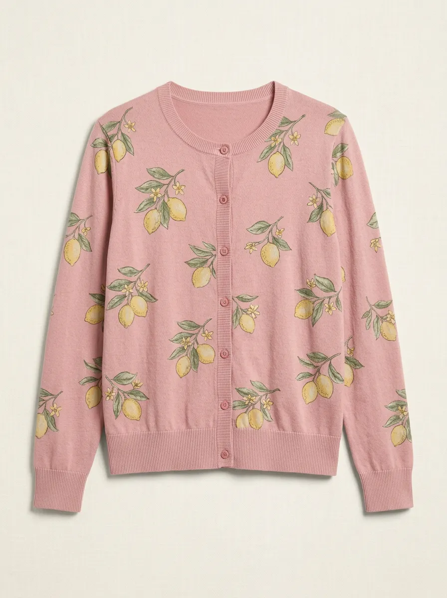 Women's Crew-Neck Button-Front Graphic Cardigan