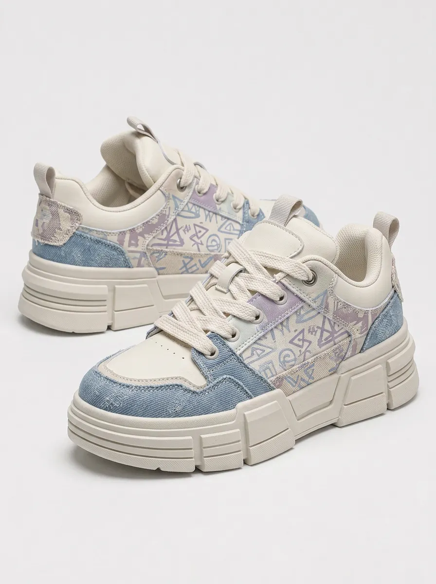 Men's Streetwear Graffiti Denim Patchwork Printed Sneakers