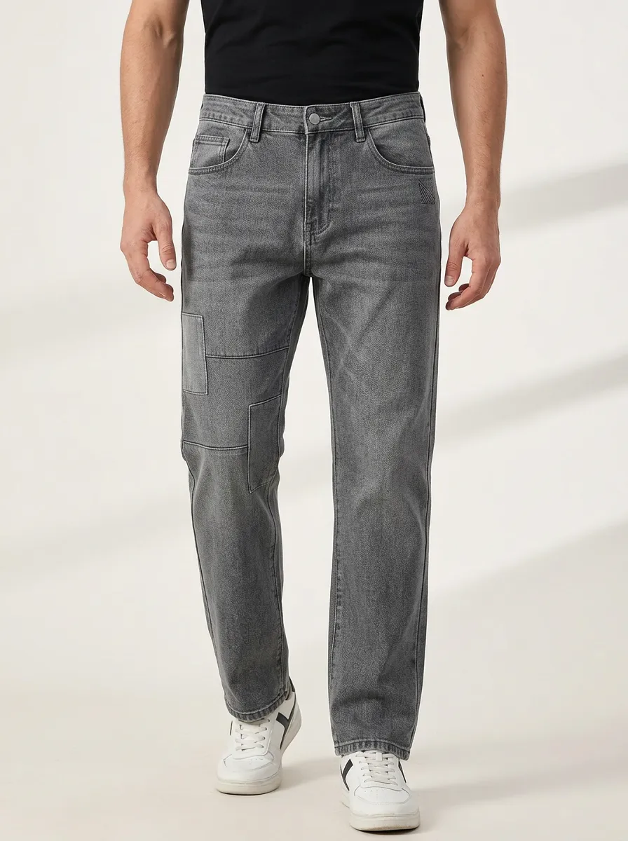 Men's Casual Fashion Grey Patchwork Printed Straight Jeans