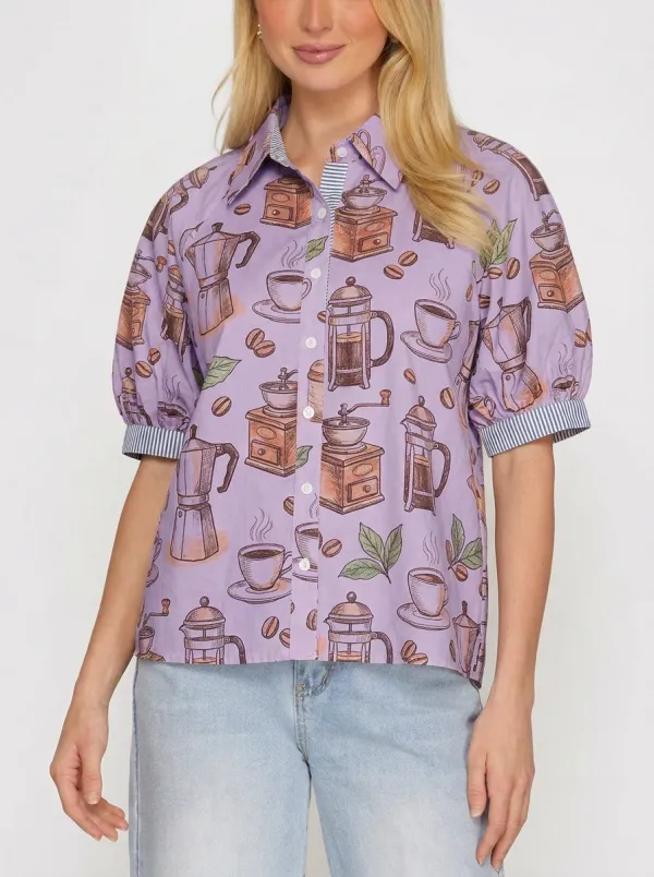Women's Coffee Lover French Press Grinder Printed Shirt