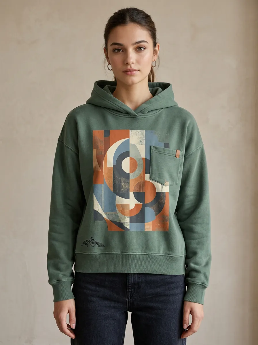 Women's Abstract Geometric Art Printed Green Pocket Hoodie