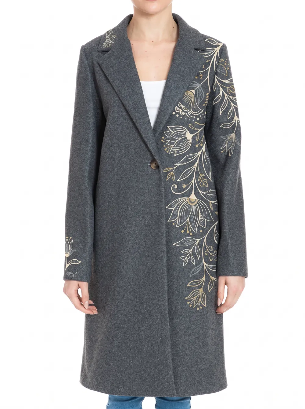 Women's Single Button Floral Art Grey Wool Blend Coat