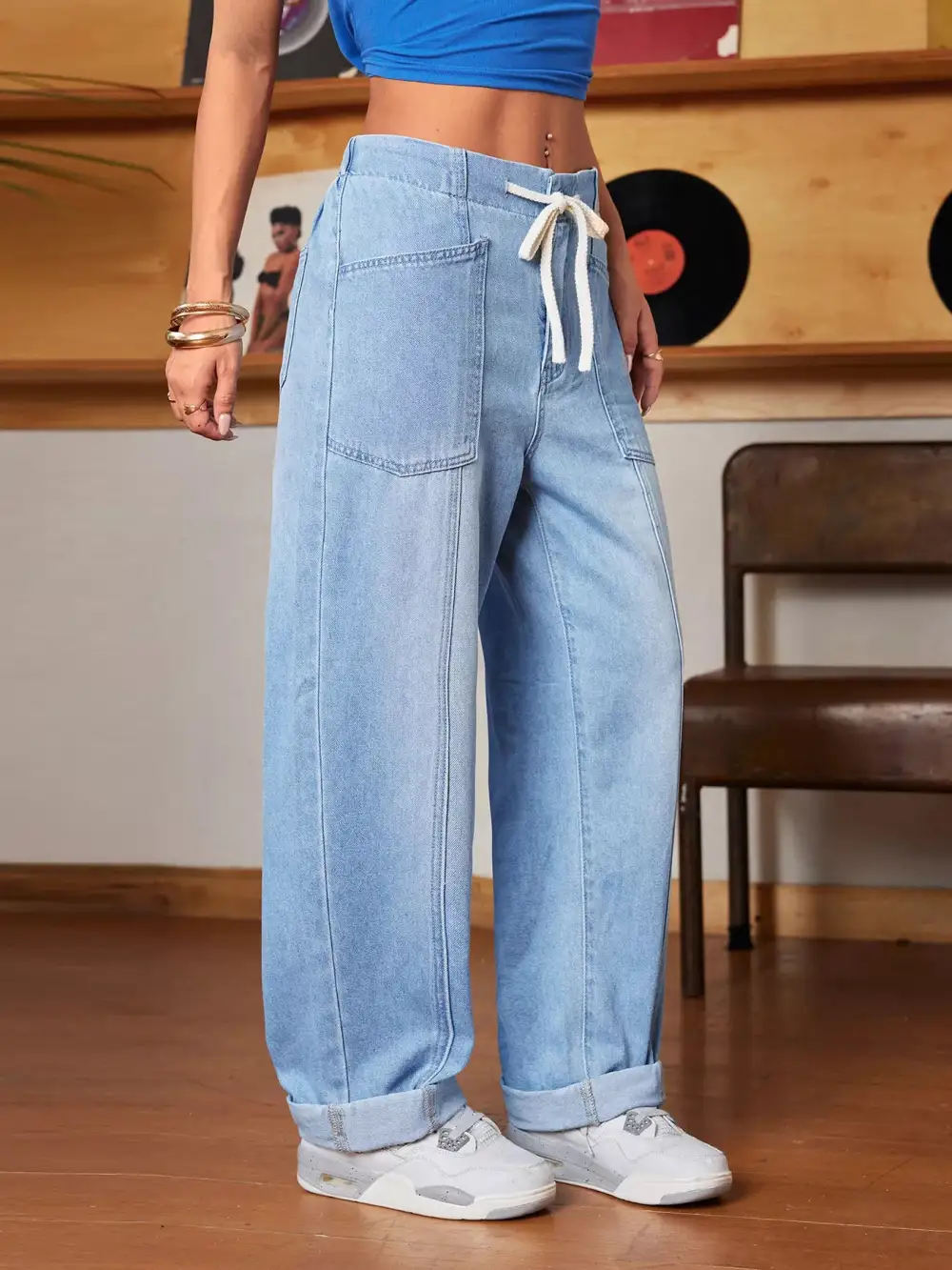 Contoured Wide Leg Drawstring Denim Jeans