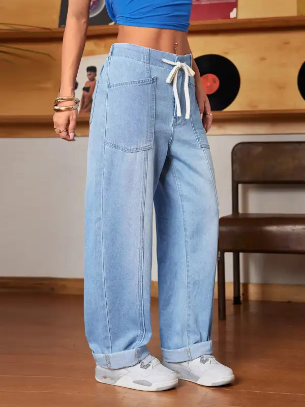 Contoured Wide Leg Drawstring Denim Jeans