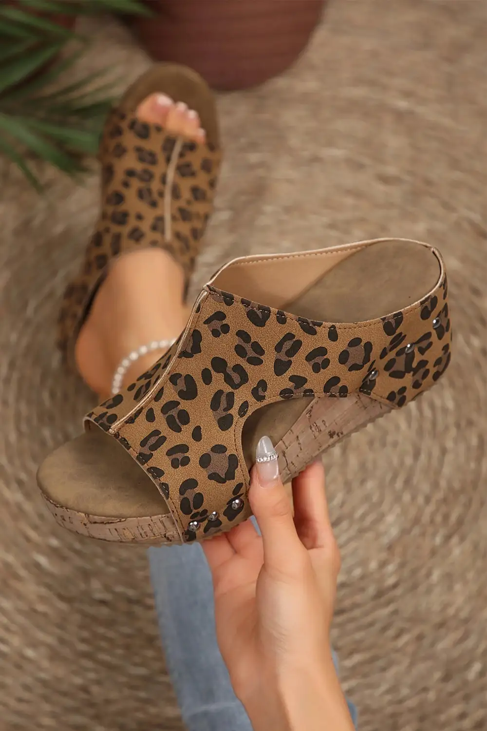 Leopard Studded Faux Suede Cutout Wedge Sandals