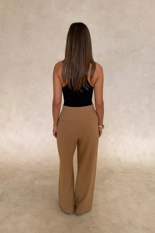 Tan Wide-Leg Tailored Pants