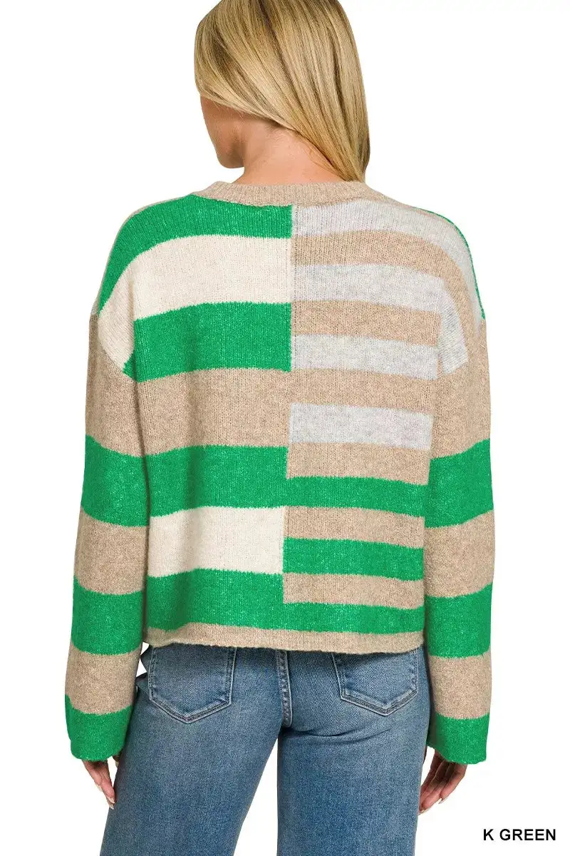Relaxed Lightweight Wool Blend Color Block Sweater