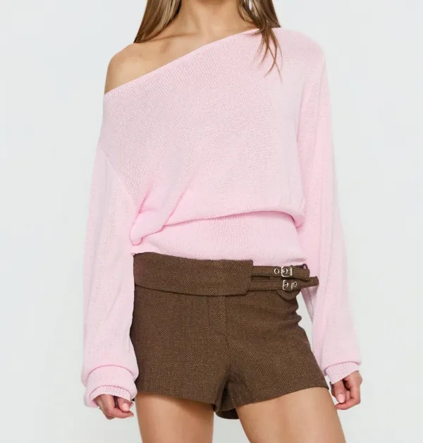 Pink Off-Shoulder Knit Sweater