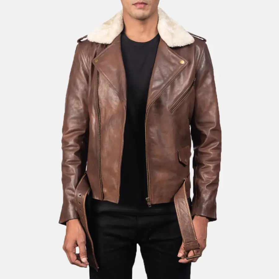 Men's Biker Leather Fur Trim Jacket