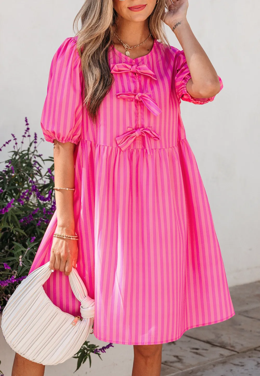 Women's Striped Printed Puff Sleeve Bow Detail Mini Dress