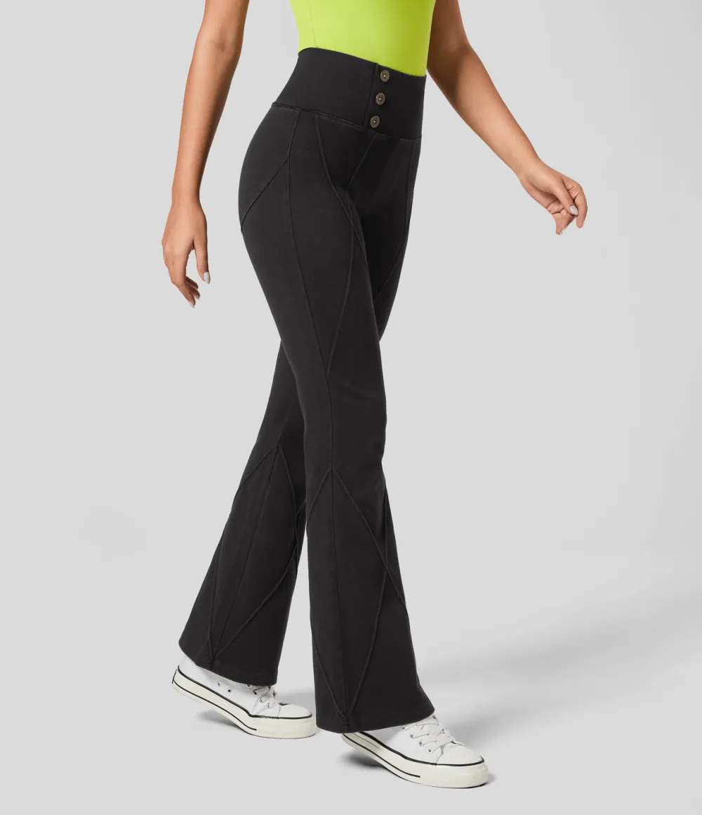 Magic High Waisted Button Top-stitching Washed Stretchy Knit Casual Flare Jeans