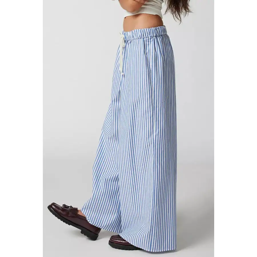 Casual Drawstring Striped Wide Leg Pants