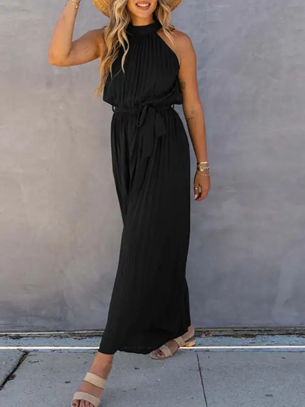 Shoulder Halter Neck Pleated Jumpsuit