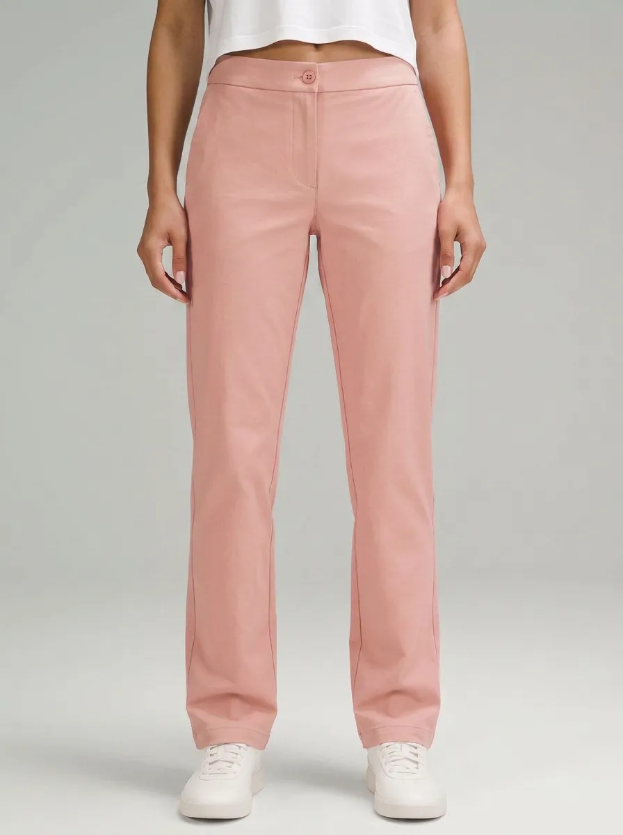 Women's Casual Minimalist Beige Solid Mid-Rise Straight Leg Pants