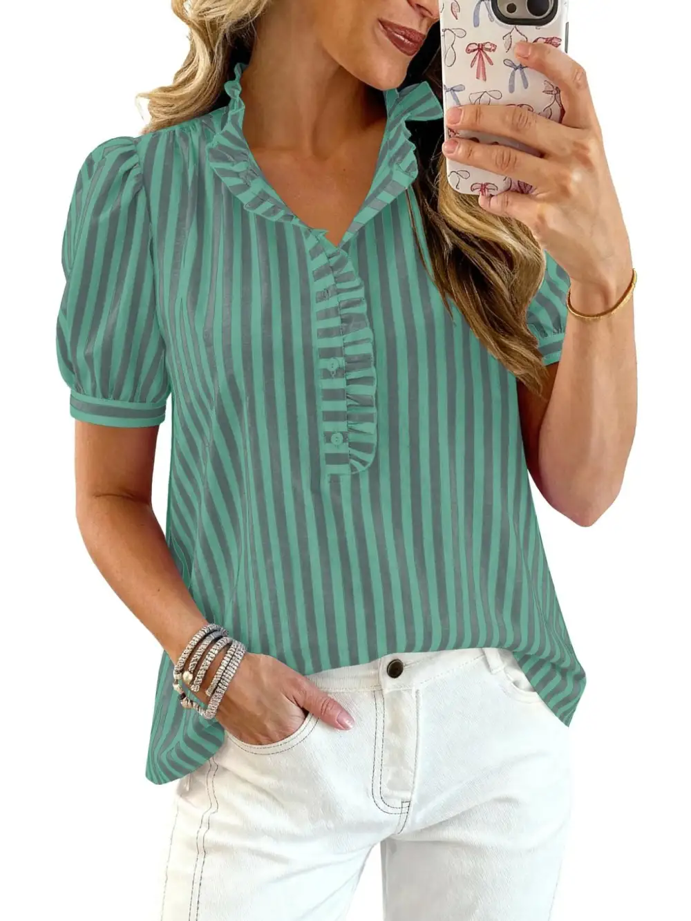Frill Striped Puff Sleeve Buttoned Ruffled Blouse