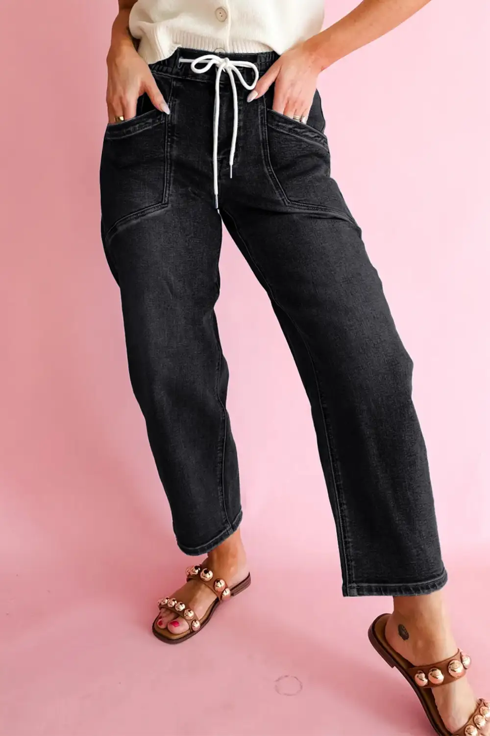 Women's Drawstring Waist Ankle Length Denim Pants With Pocket Detail