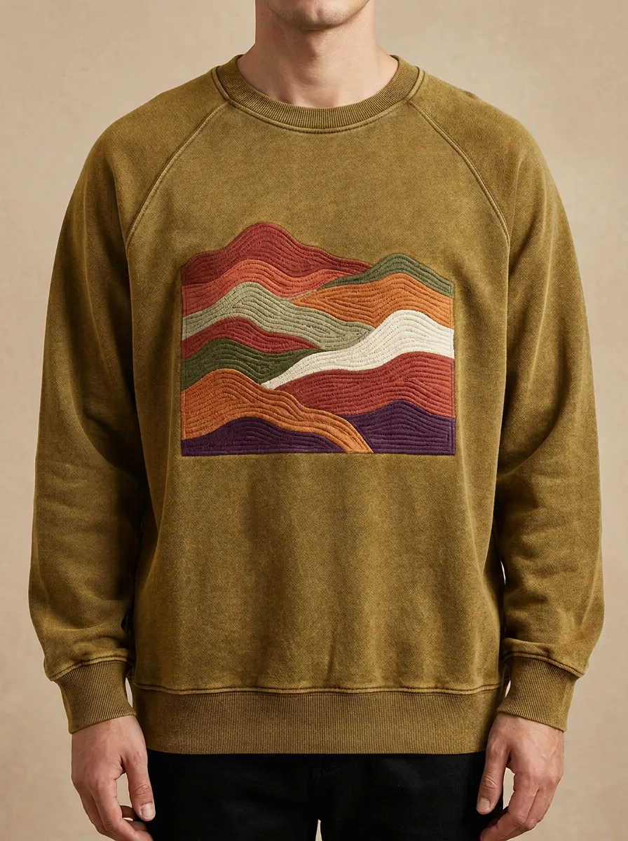 Abstract Mountain Landscape Embroidered Crewneck Sweatshirt