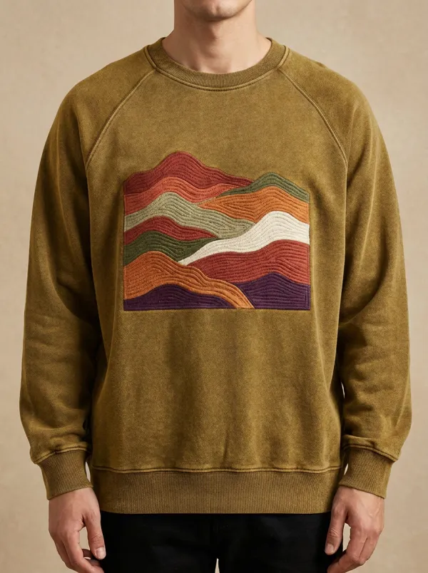 Abstract Mountain Landscape Embroidered Crewneck Sweatshirt