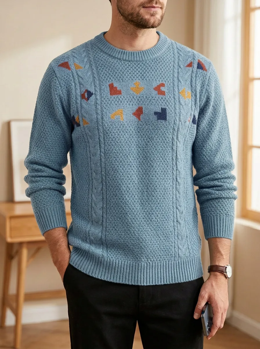 Men's Geometric Cable Knit Textured Sweater