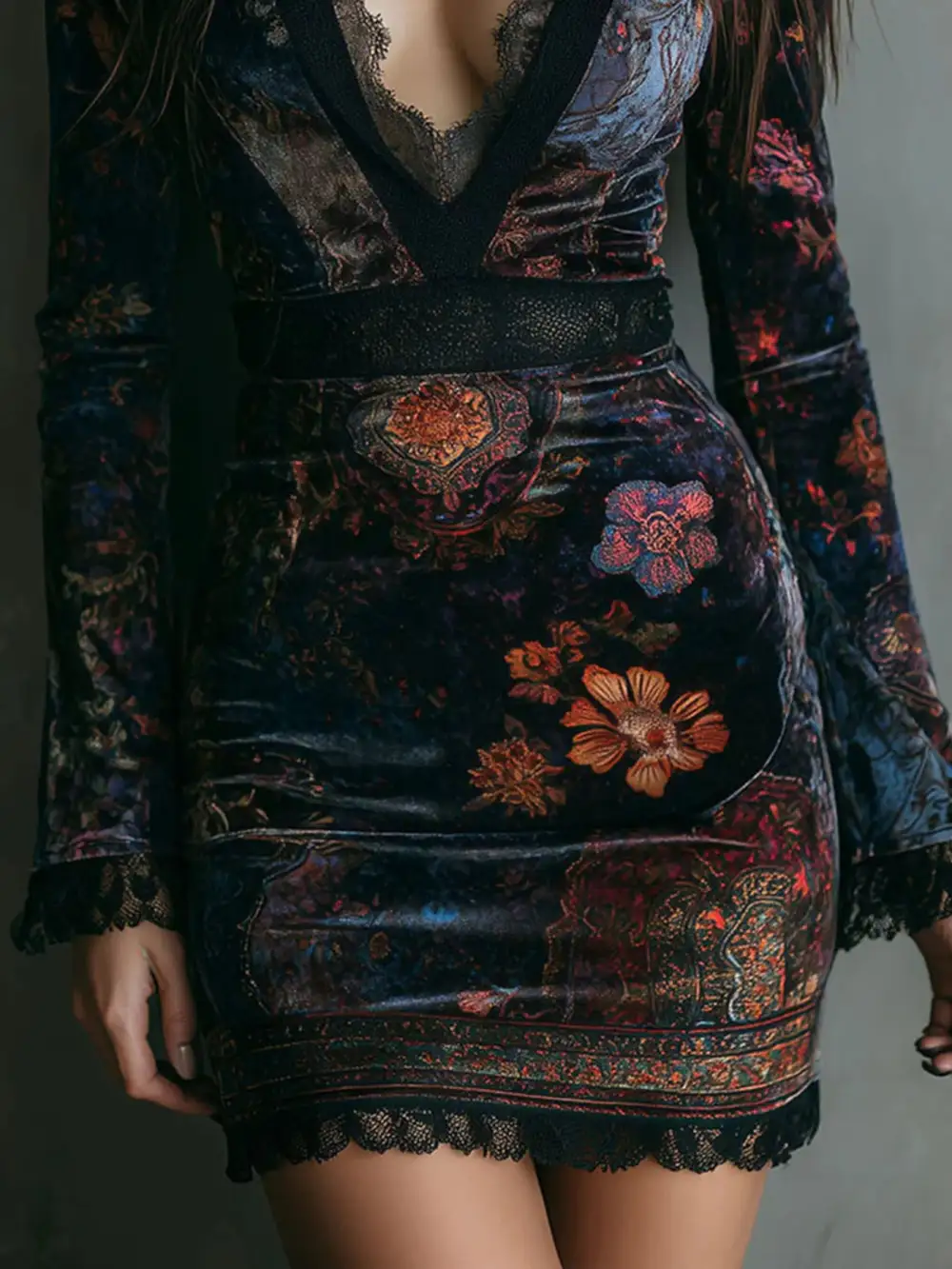 Floral Lace Velvet Mini Dress