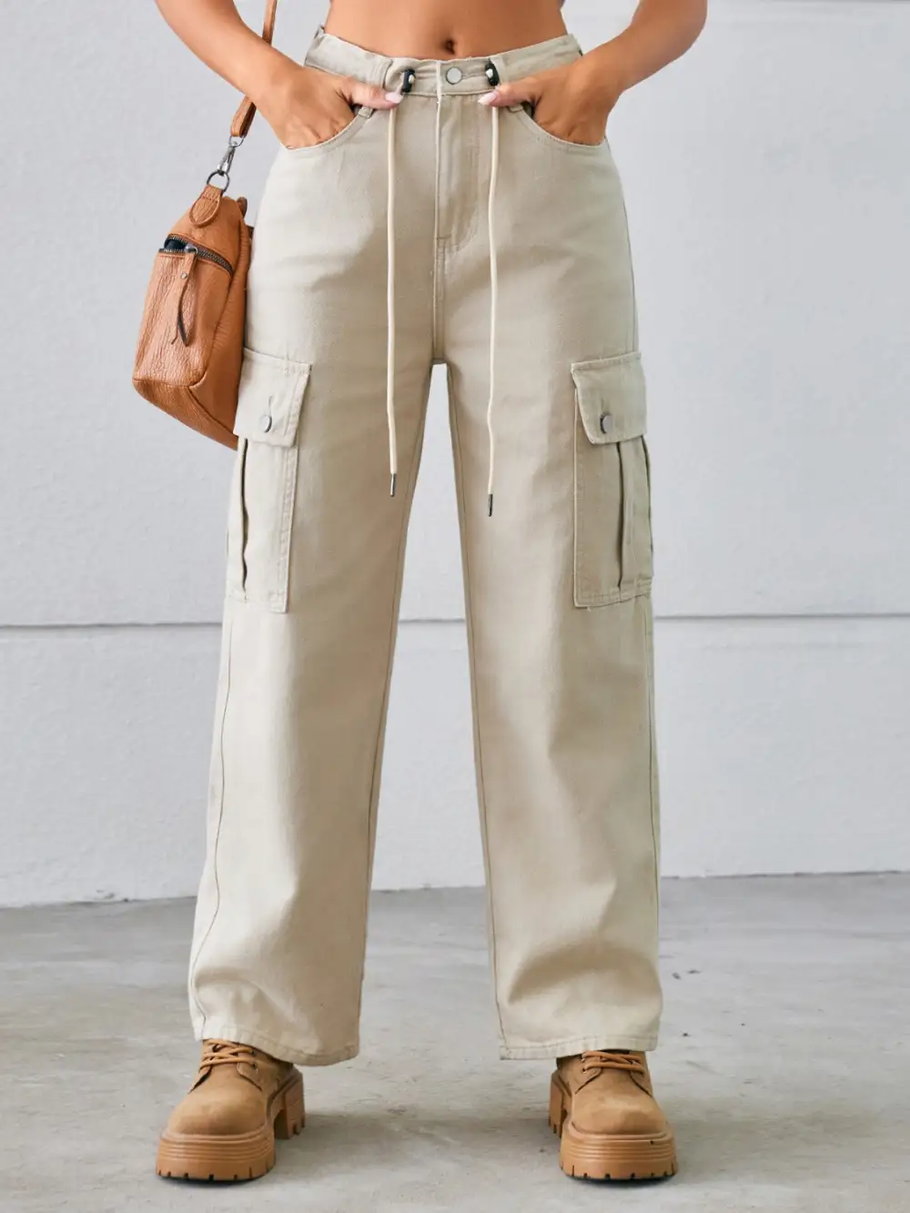 Drawstring Mid Rise Waist Straight Cargo Jeans