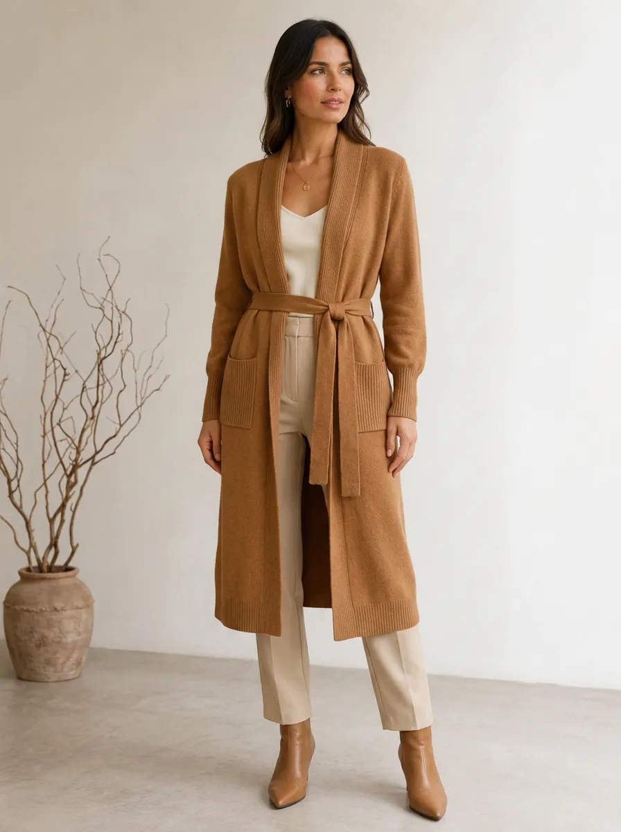 Women's Casual Minimalist Camel Belted Long Cardigan