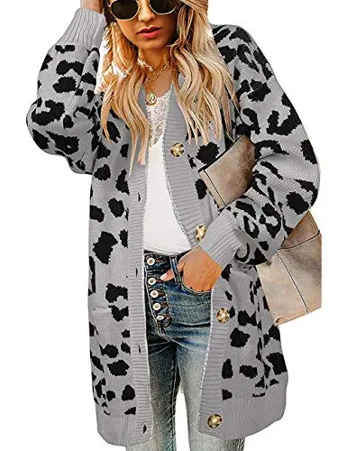 Women's Long Sleeves Open Front Leopard Print Knitted Sweater Cardigan Coat Outwear
