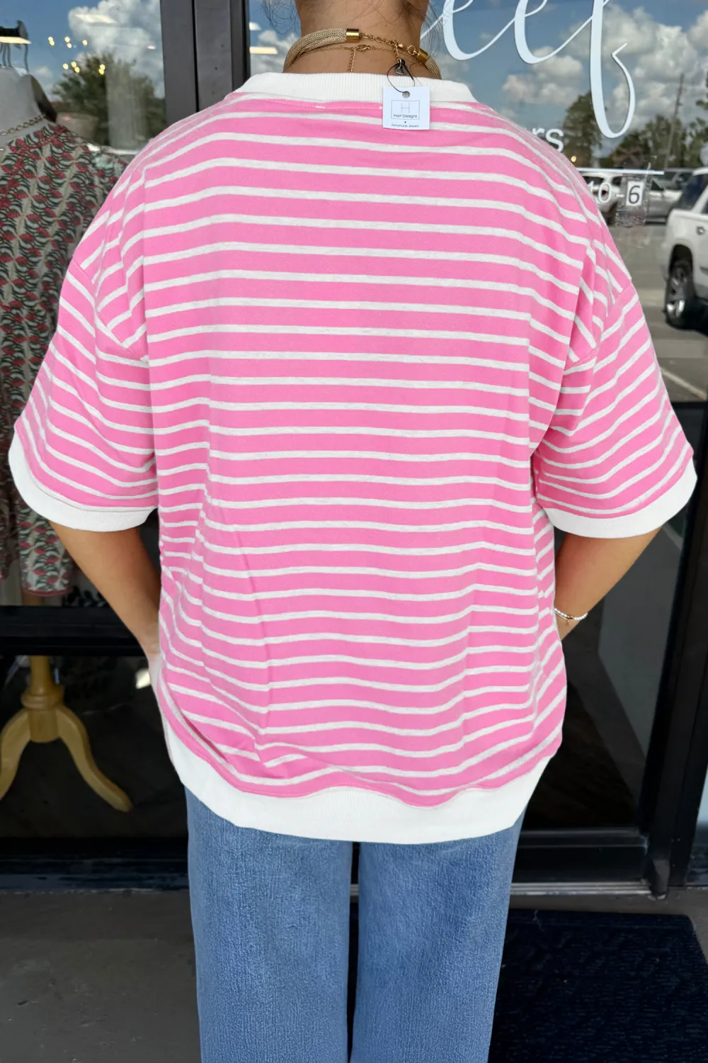 Pink Stripe Round Neck Drop Top