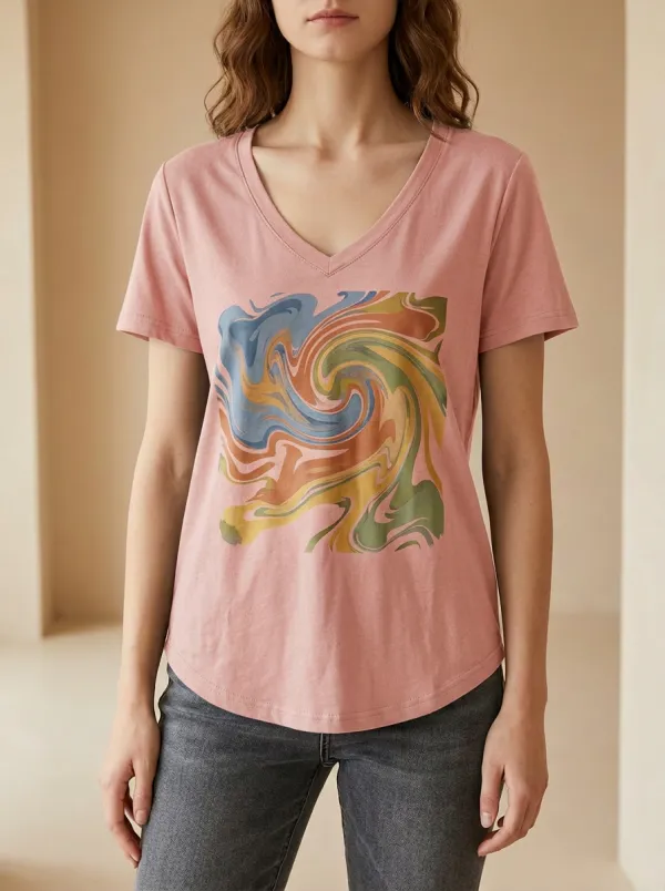 Women's Retro Abstract Swirl Printed V-Neck T-Shirt
