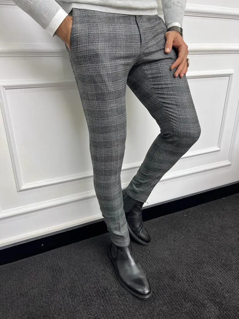 Slim Fit Striped Plaid Tailored Trousers