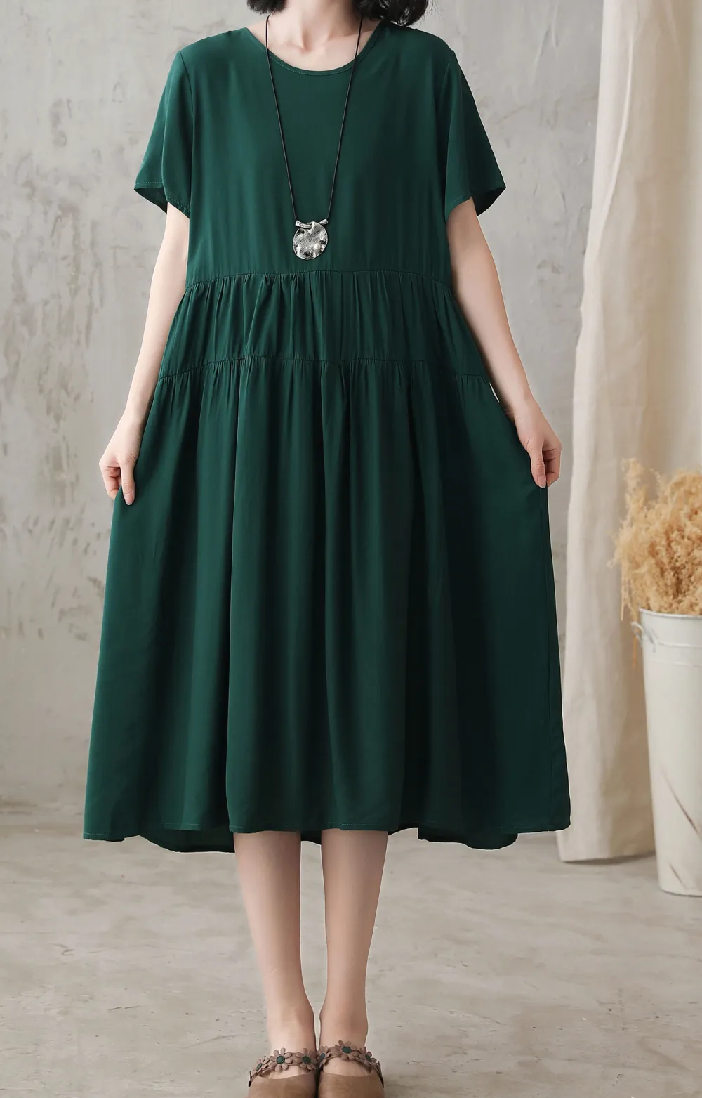 Refined Cotton Blend Pleated Short Sleeve Midi Dress