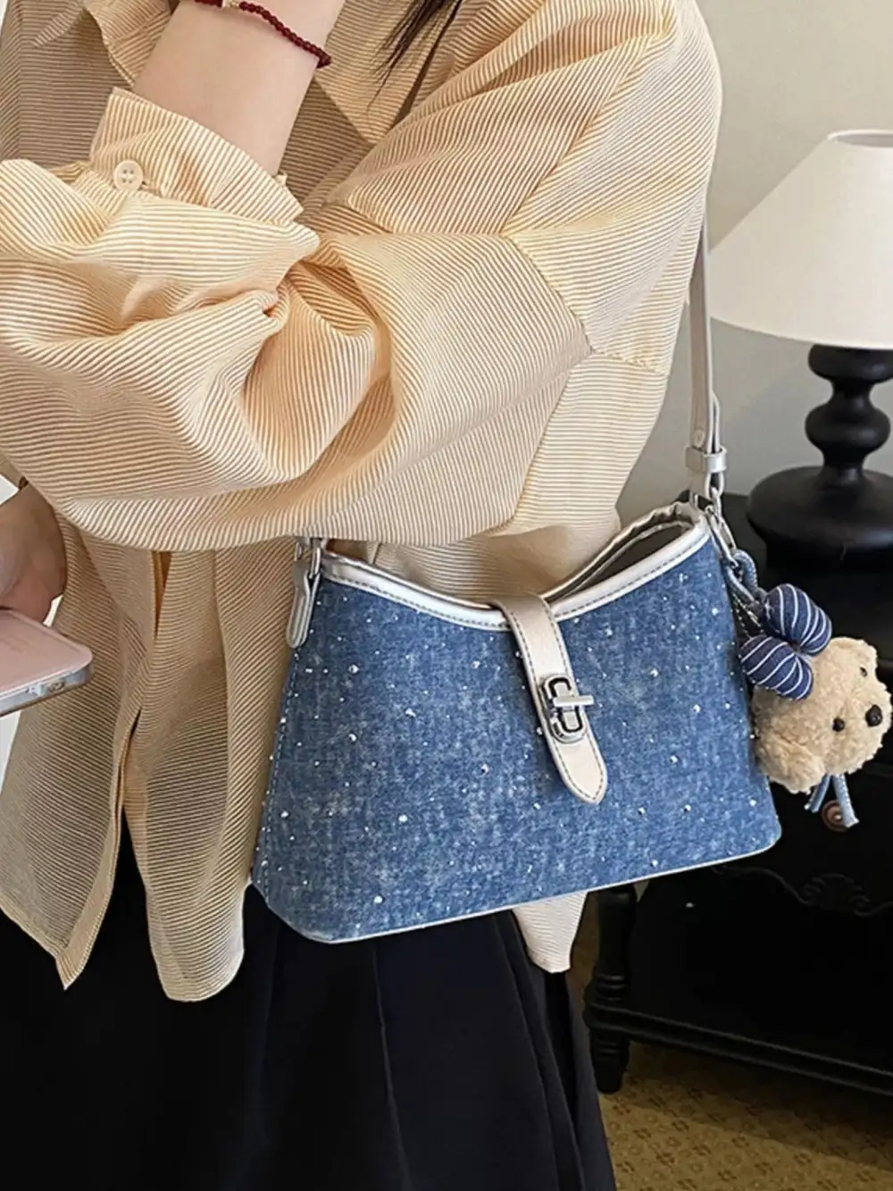 Women's Buckle Detail Denim Shoulder Bag