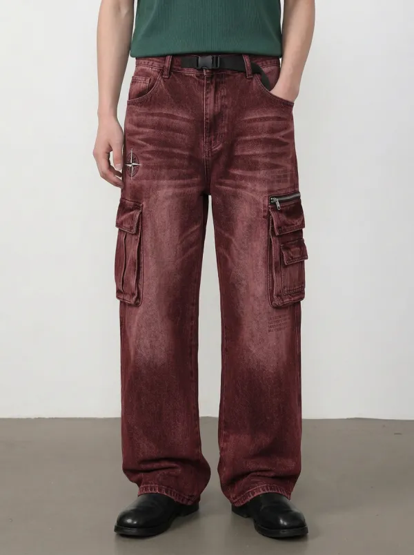 Men's Streetwear Compass Patch Distressed Cargo Pants