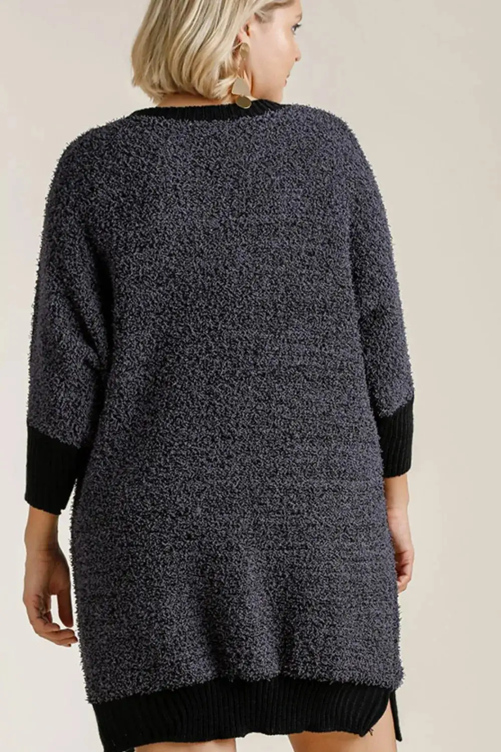 Ribbed Hem Round Neck / Sleeve Sweater Dress with Pockets
