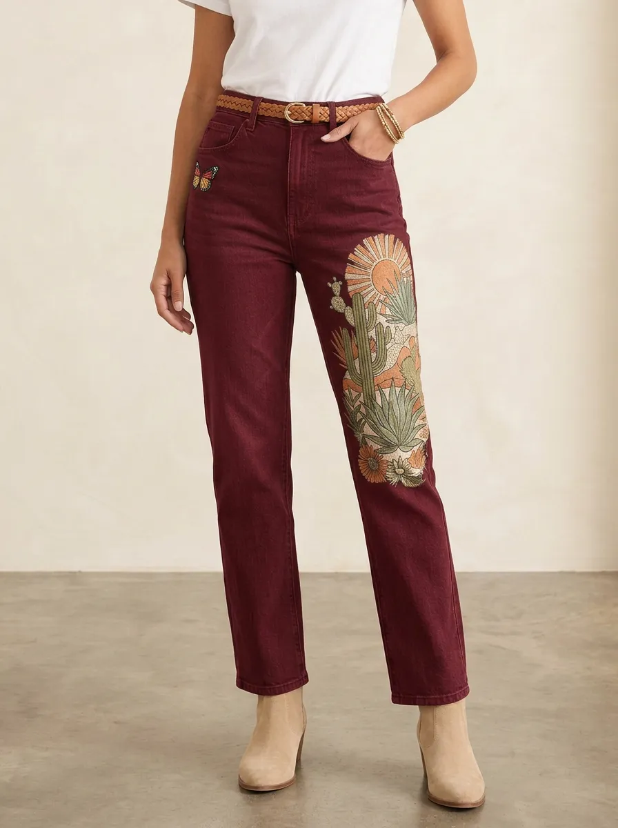 Women's Boho Desert Cactus Butterfly Printed Straight Leg Jeans