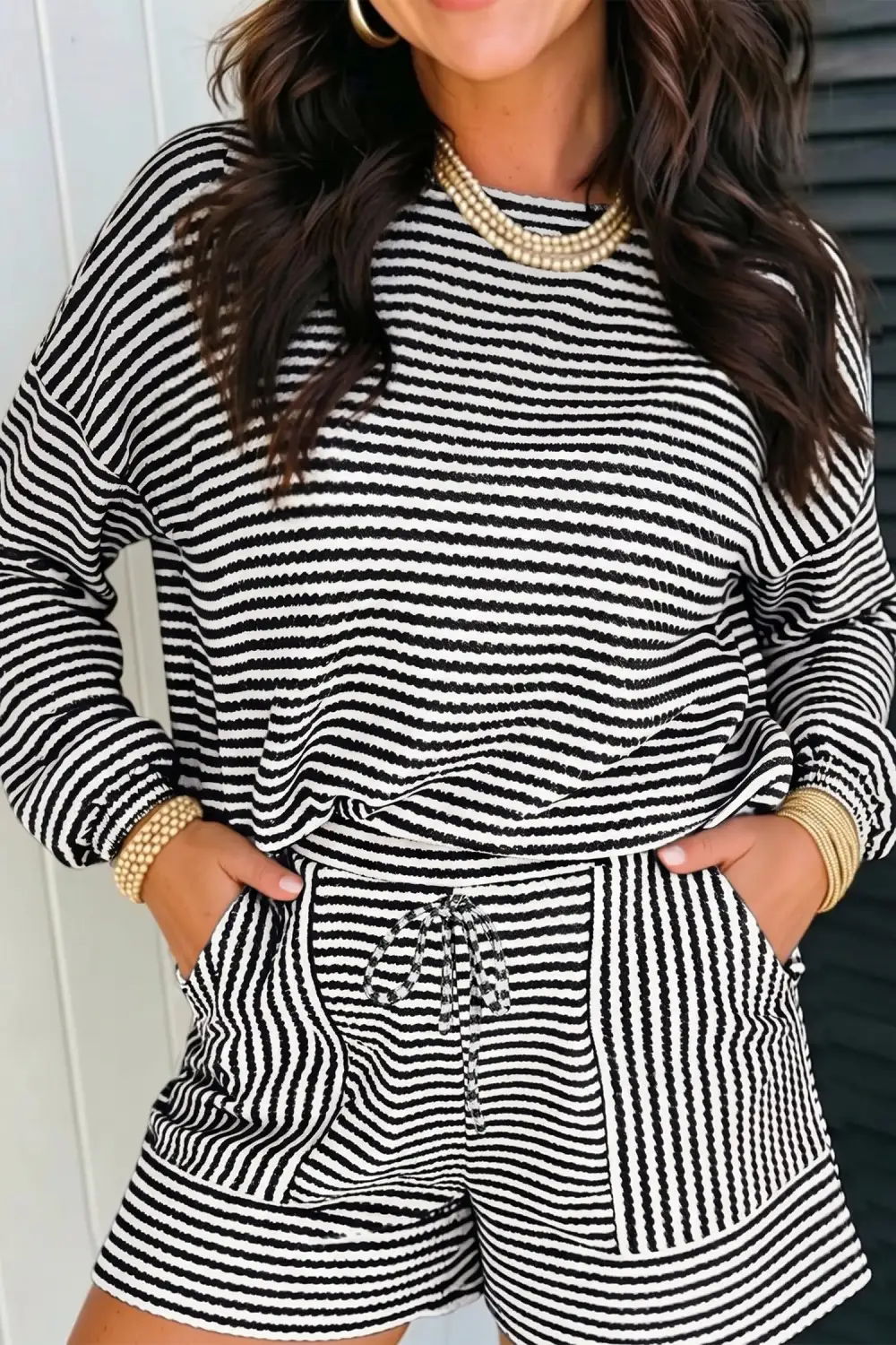 Women's Matching Textured Knit Long Sleeve Top Elastic Waist Shorts Casual Outfit