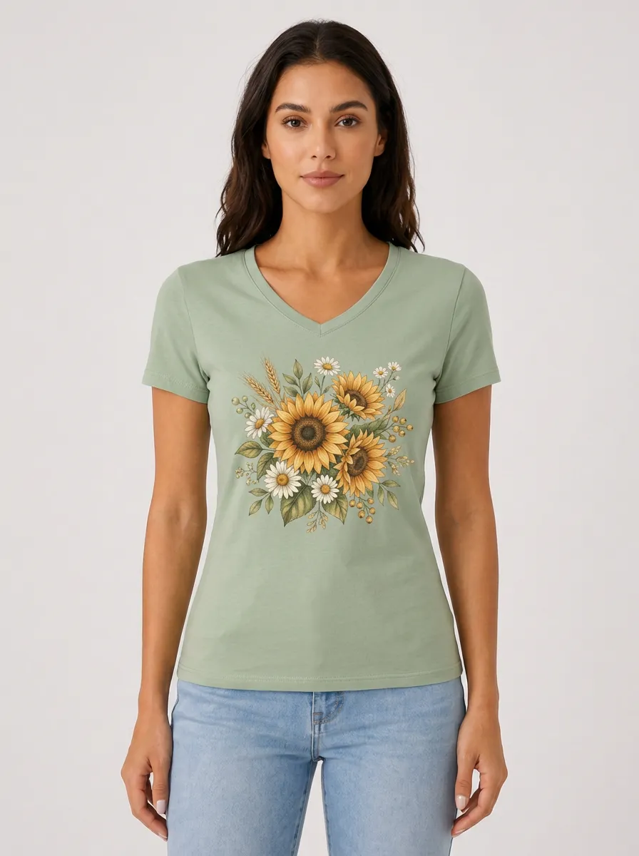 Women's Sunflower Graphic V-Neck T-Shirt