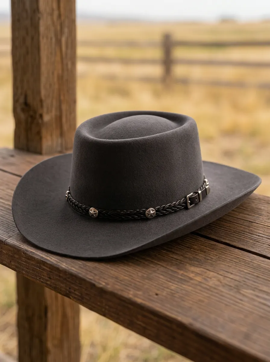 Unisex Felt Cowboy Hat with Studded Trim and Braided Band