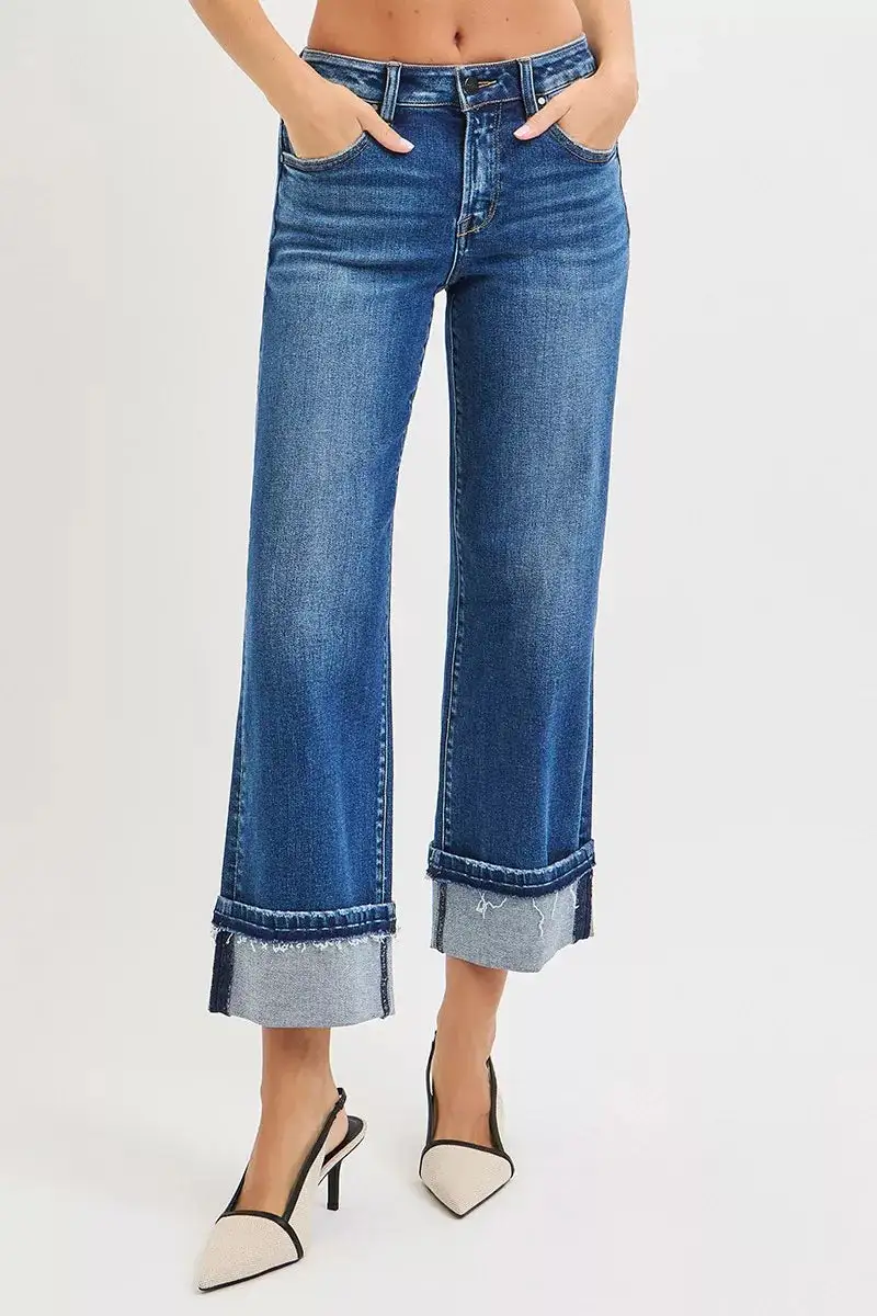 Mid Rise Straight Leg Cuffed Denim Jeans