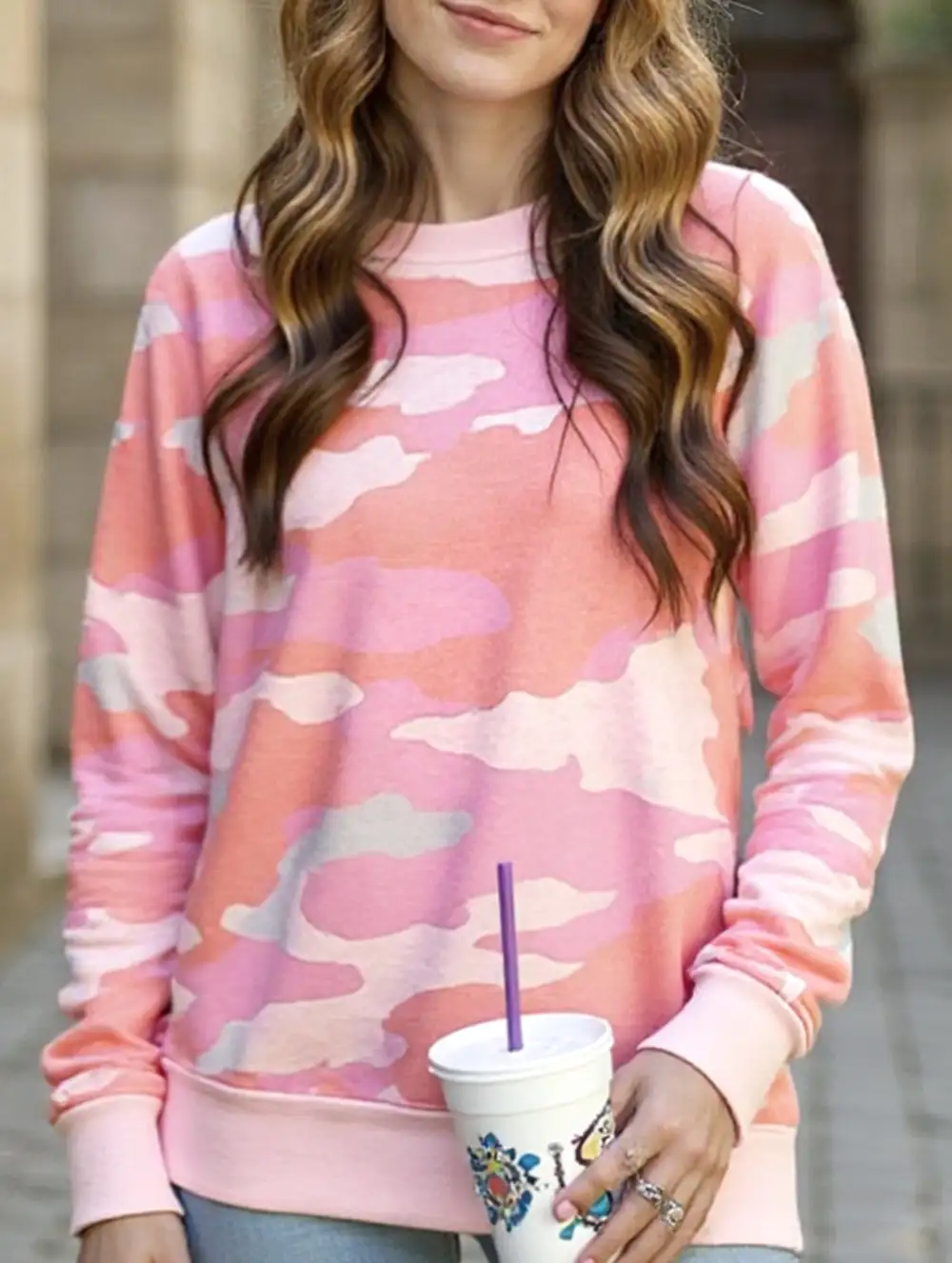 Camouflage Print Crew Neck Long-Sleeved Top