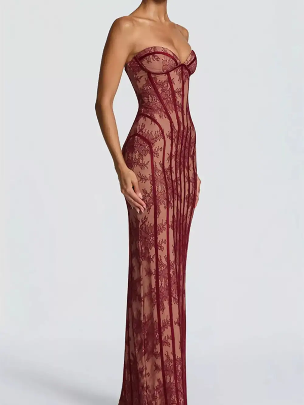 Lace Up Back Strapless Maxi Dress