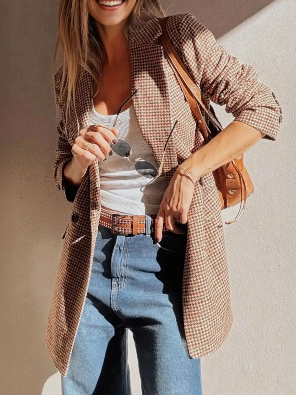Lapel-Collar Houndstooth Blazer