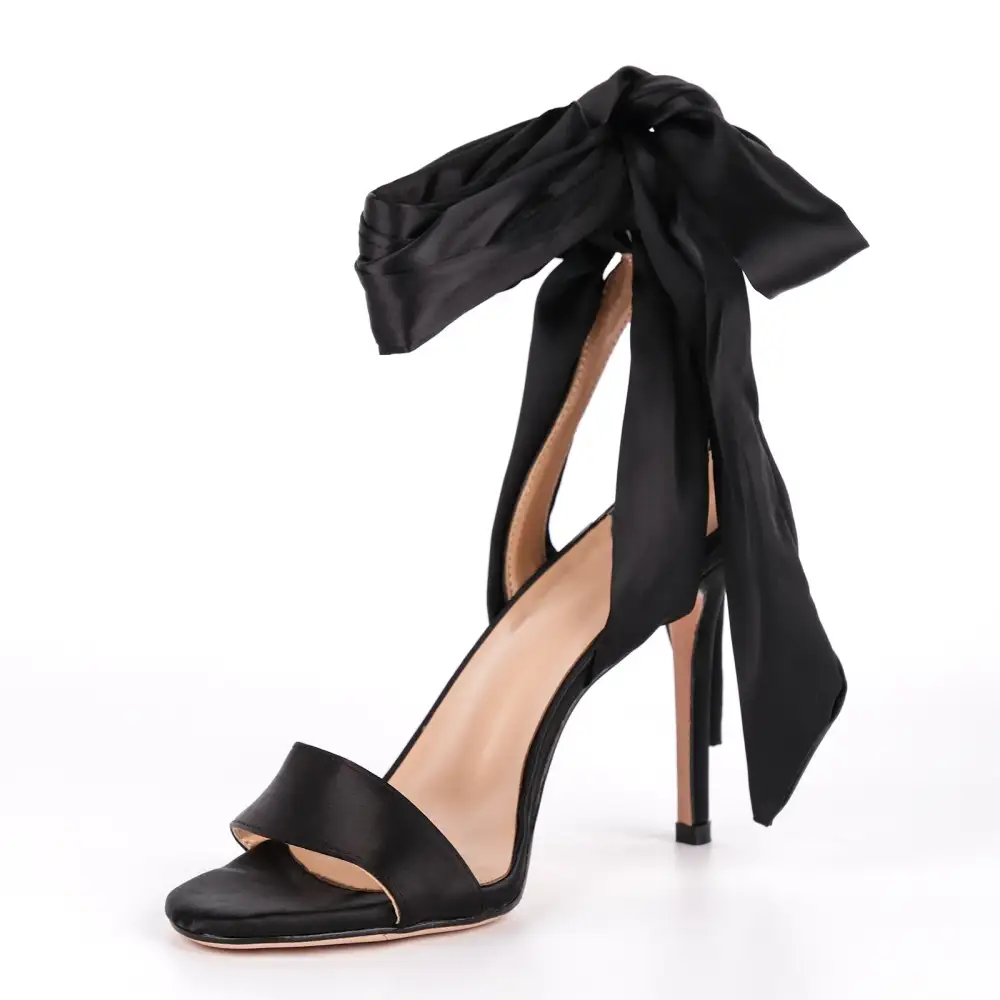 Round Toe Satin Lace Up Stiletto Sandals