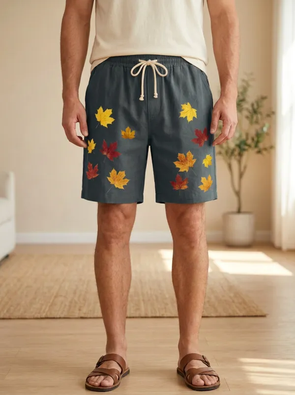 Tan Maple Leaf Print Drawstring Nature Shorts