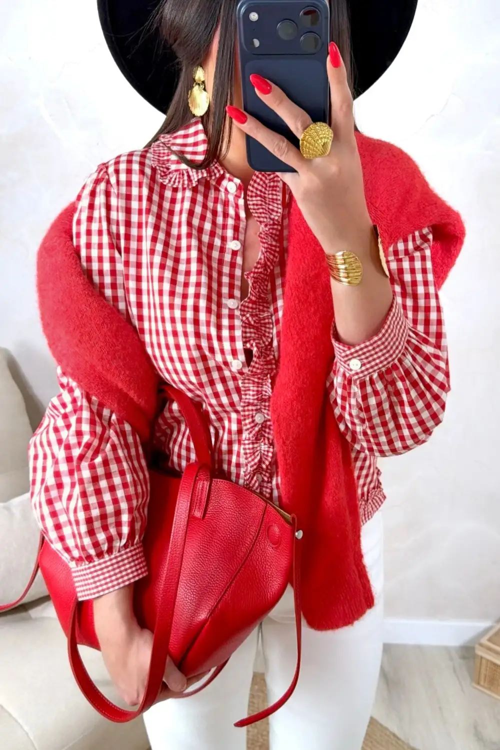 Women's Plaid Long Sleeve Frilled Blouse
