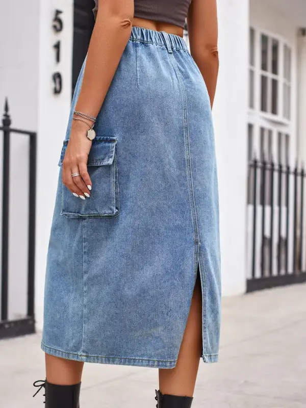 Simple Button Front Denim Detail Skirt