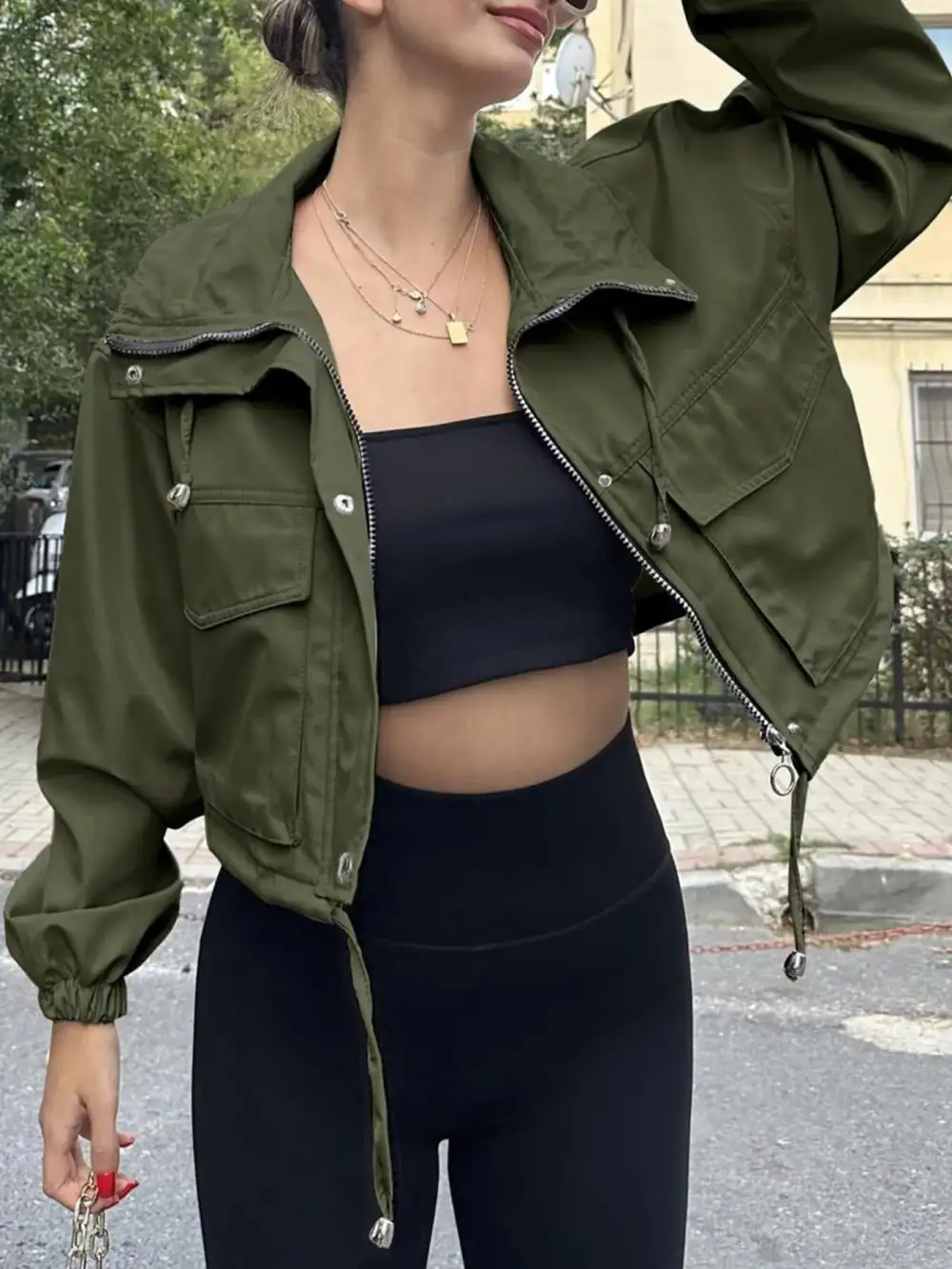 Drawstring Hem Zip Up Jacket
