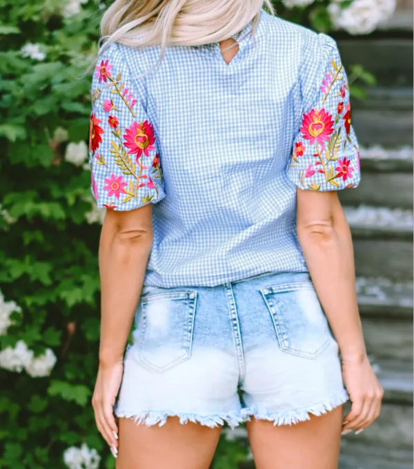 Floral Plaid Embroidered Blouse
