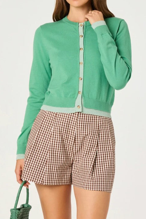 Green Contrast Trim Knit Cardigan