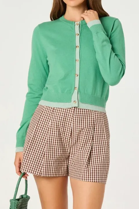 Green Contrast Trim Knit Cardigan